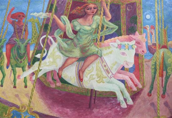 Modern British Women on a fairground carousel 23 x 33in.